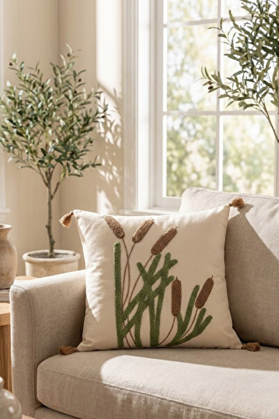 Valmia Home Buldan Handmade Reed Patterned Cushion Cover 42X42 Tasseled Cotto...