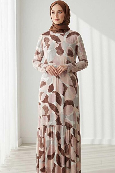 Tesettür Diyarı Γυναικείο Φόρεμα Χιτζάμπ Με σχέδιο Χρωμάτων - Πούδρα