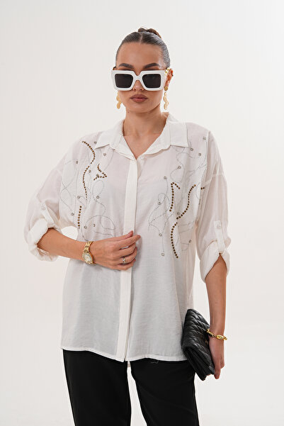 ZENA BY ÇETİN LEVENT Diamond Stone Embellished Look Casual Loose Cut Women's ...