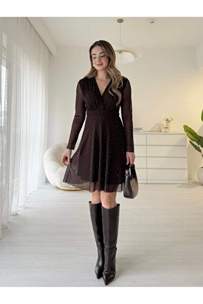 tiamoda Kruvaze Yaka Parıltılı Elbise