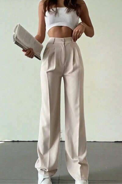 byhaziran butik Mirella Cream High Waist Fabric Trousers with Front Pleat Detail