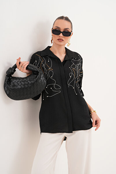 ZENA BY ÇETİN LEVENT Diamond Stone Embellished Look Casual Loose Cut Women's ...