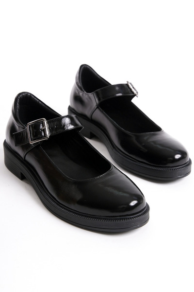 GRADA Black Patent Leather Women's Mary Jane Ballerina Shoes with Straps Real...