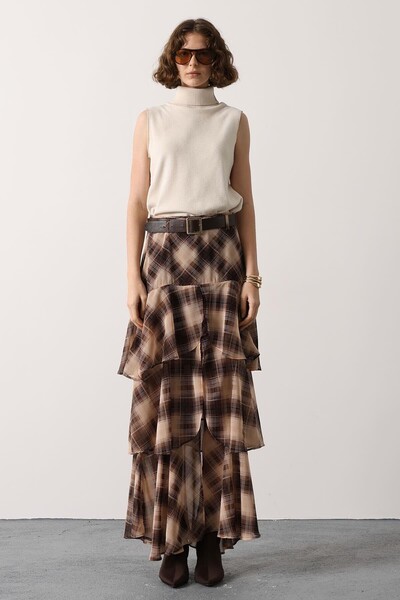 cemo Kadın Ekose Yüksek Bel Kat Kat Uzun Etek