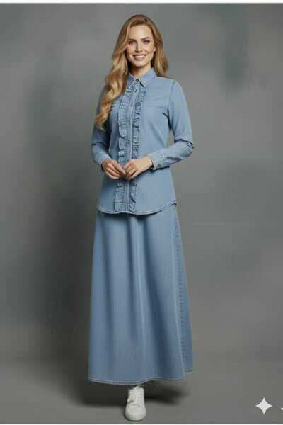 newmisal Women's Ruffled Front Shirt Skirt Denim Suit