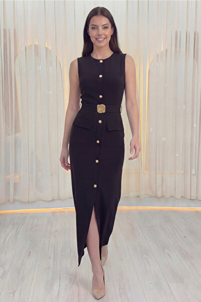 the ZKS Kadın Gold Düğmeli Sıfır Kol Kalem Elbise Bordo, Siyah