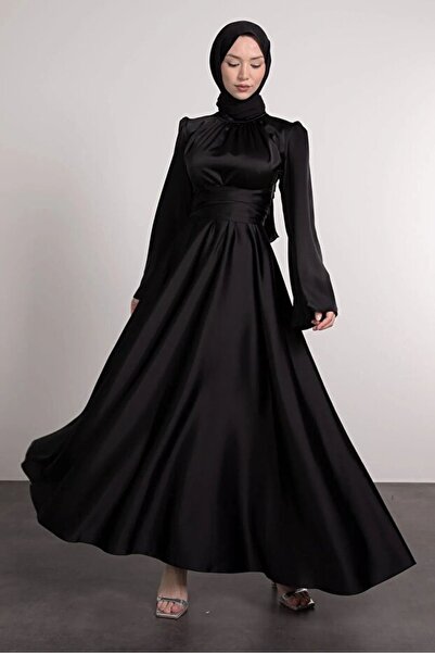 Nika Fashion Španski rukav struka umotan u satensku hidžab večernju haljinu crnu