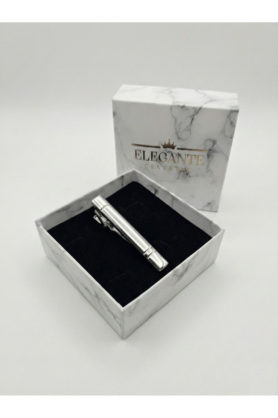 Elegante Cravatte Erkek Gümüş Renk Çift Çizgi Detaylı Özel Kutulu Kravat İğne...