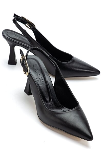 Saadet Kaya Butik Women's Black Leather Open-Back Pointed Thin Heeled Shoes