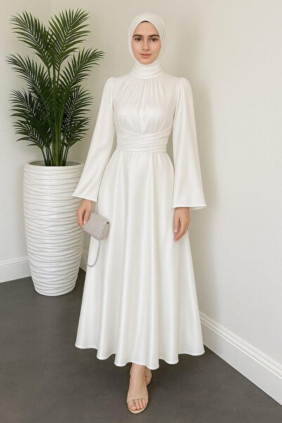 Nika Fashion İspanyol Kol Beli Dolamalı Saten Tesettür Abiye Beyaz