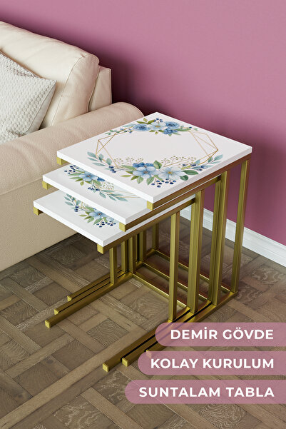 Hediyeler Kapında "Aquaflo" 3'lü Metal Zigon Sehpa Takımı Metal Ayak Yan Sehp...