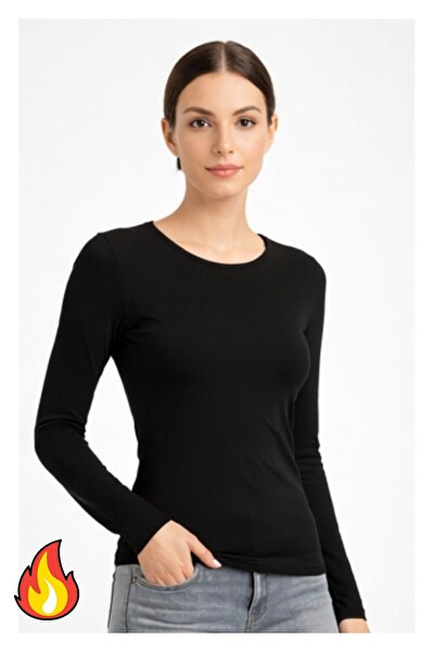 WAYS Women's Black Long Sleeve Thermal Crew Neck Body Flexible Basic Blouse