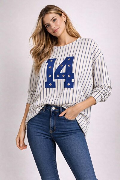 ibeeka 14 // Staple Detail Green Ecru Casual Sweatshirt - Blue - m