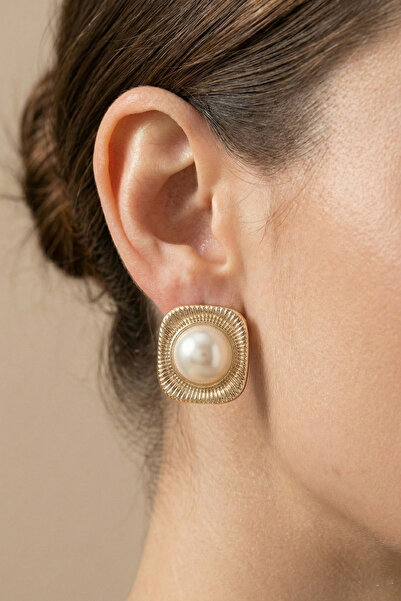AURRARİ Gold Square Striped Pearl Earrings