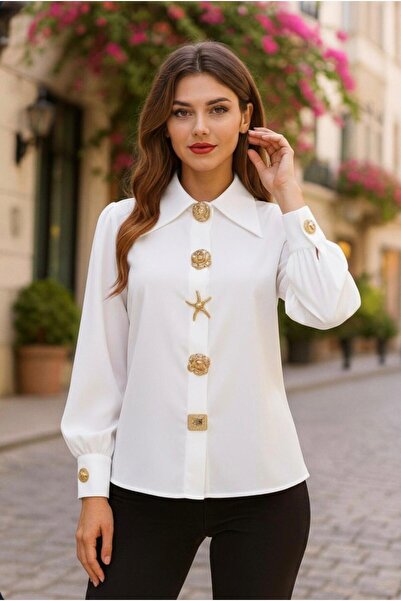 Divin store Women's white blouse with gold buttons
