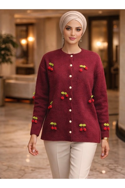 AVSARWEAR Women's Cherry Detailed Soft Textured Angora Look Knitwear Cardigan