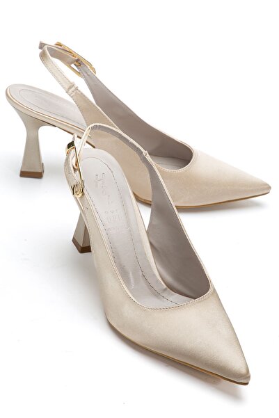 Saadet Kaya Butik Women's Beige Satin Open-Back Pointed Thin Heeled Shoes