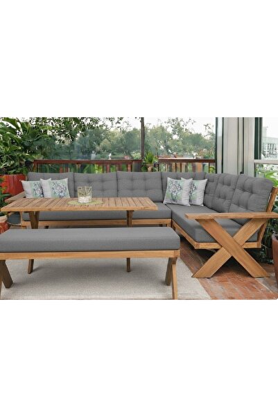 zerkaconcept Berlin Masif Ahşap Bahçe Balkon Köşe Koltuk Benchli Masa Takımı ...