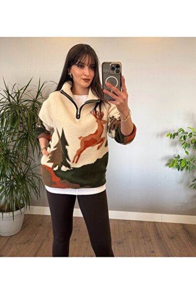 Mars Yarım Fermuarlı Geyik Desenli Oversize Peluş Polar Sweatshirt