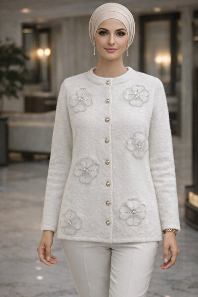 AVSARWEAR Women's Tulle Floral Detailed Soft Textured Angora Look Knitwear Ca...