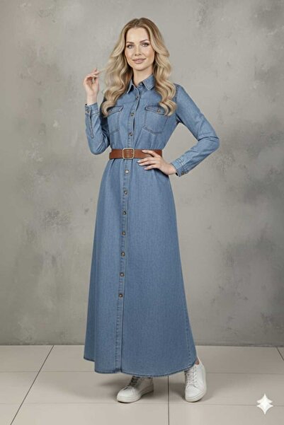 newmisal Women's Front Buttoned Denim Shirt Dress