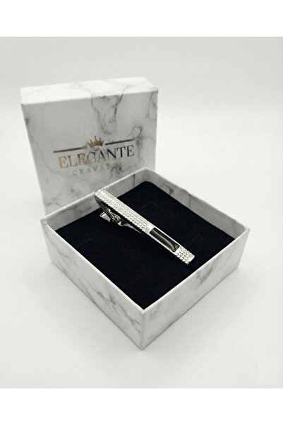 Elegante Cravatte Erkek Gümüş Renk Siyah Detaylı Desenli Kravat İğnesi