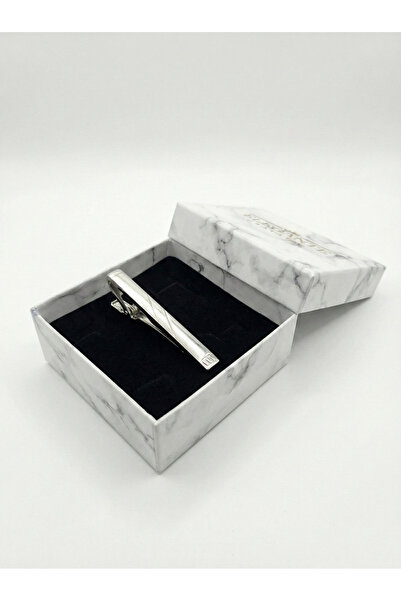 Elegante Cravatte Erkek Gümüş Renk Yatay Çizgili Özel Kutulu Kravat İğnesi Ak...