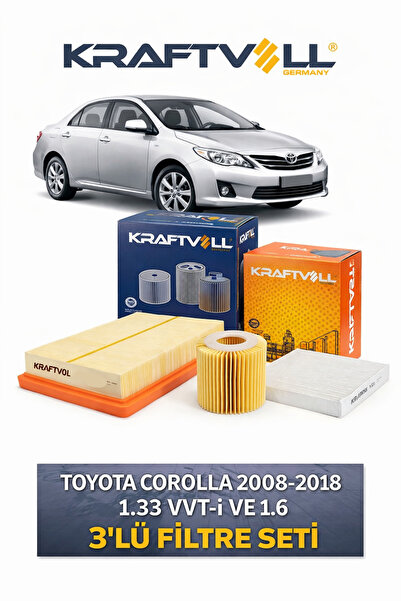 Kraftvoll Toyota Corolla 2008-2018 1.33 VVT-i Ve 1.6 3'lü Filtre Seti Hava/Ya...