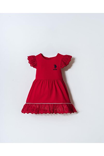 U.S. Polo Assn. Kız Bebek Fistolu Pamuklu Elbise – Dantel Detaylı Şık Tasarım