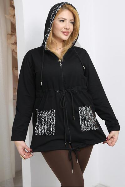 Siyezen Plus Size Sequin Embroidered Hooded Jacket