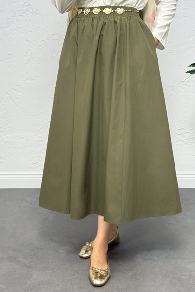 Salih Çelebi Poplin Skirt with Pockets 0060 - Khaki