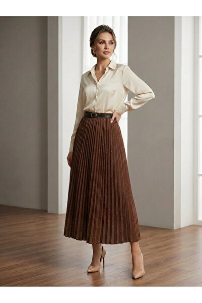 TrendParis Elegant Stone Detailed Pleated Skirt