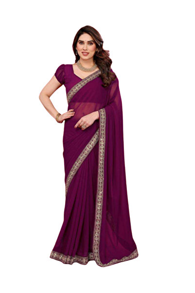 MYSMAR Purple Chiffon Silk Saree - FFT4741 | Purple