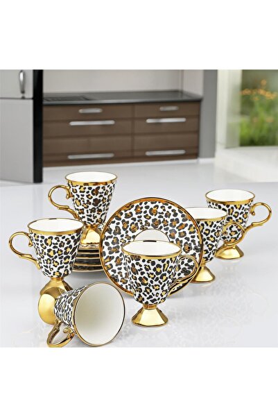 Kosova Züccaciye KOSOVA Porselen 6’lı Ayaklı Leopar Fincan Takımı – Beyaz & G...