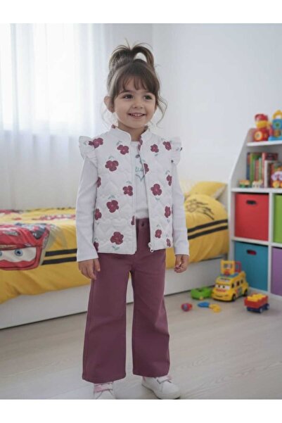 nazarbebe Nazar Girl's Floral Patterned Puff Vest 3-Piece Combination Set