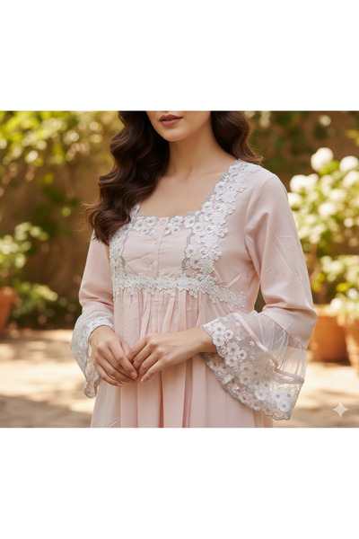 Maison Emarat Premium Long Nightgown with Scalloped Floral lace Detailing