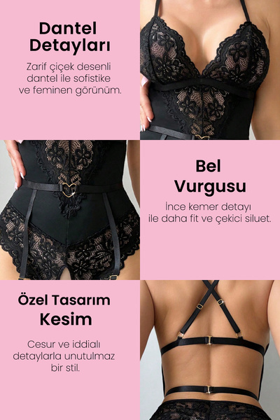Imoda Kadın Siyah Dantel Jartiyerli Gecelik – Kemer Detaylı