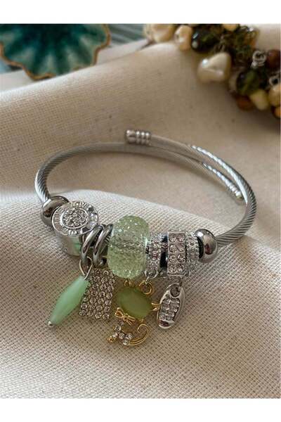 Hediye Vakti Green Stone Detailed Charm Design Steel Women's Bracelet – Moder...