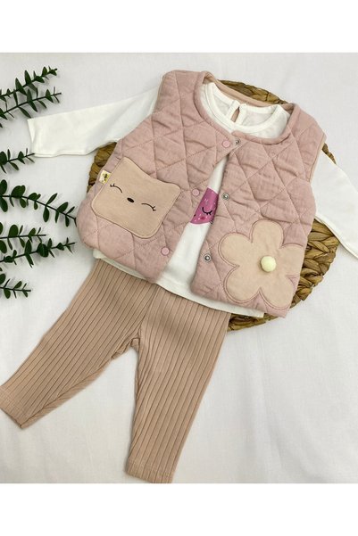 air baby PONPONLU ÇİÇEK NAKIŞLI 3’LÜ YELEKLİ TAKIM KIZ BEBEK BAYRAMLIK YENİDOĞAN