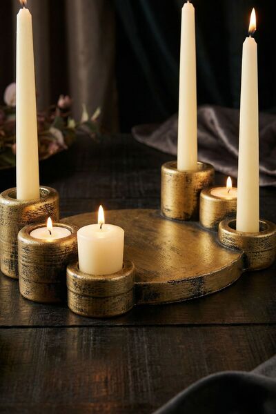 Evene Altın Eskitme Renk Mumluk Şamdan Ince Mum Uyumlu Model 7