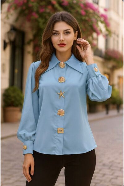 Divin store Women's baby blue blouse with gold buttons