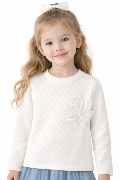 İrem Çocuk Giyim Girl's Stoned Flower Detailed Long Sleeve Model Ecru Color Badi