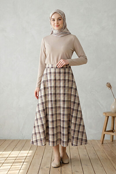 FERHEL Women's Patterned Polyviscon Skirt - Brown