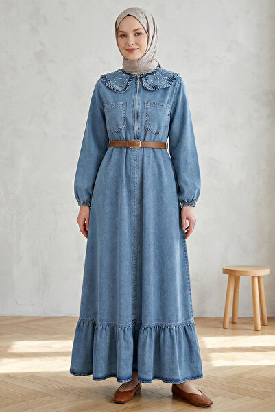 FERHEL Women's Baby Collar Half Zipper Pearl Detailed Belted Denim Hijab Dres...