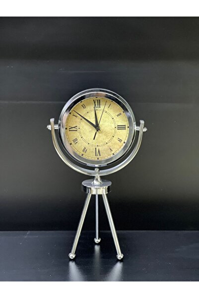 VAZO DEKOR Tripod Ayaklı Metal Masa Saati - Gümüş Krom Kaplama Nostaljik Deko...