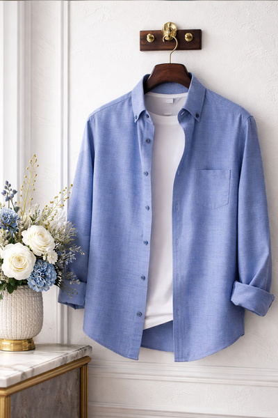 Varetta Men's Chambre Blue Large Size Shirt Long Sleeve Single Pocket Wide Cut