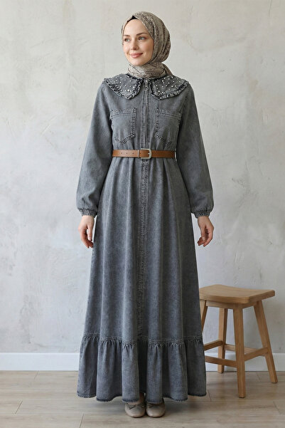 FERHEL Women's Baby Collar Half Zipper Pearl Detailed Belted Denim Hijab Dres...