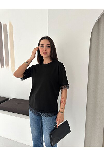 gozdefashion Women's Lace Detailed Basic T-Shirt