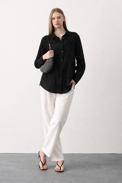 cemo Kadın Çiçek Desenli Uzun Kollu Düğmeli Gömlek