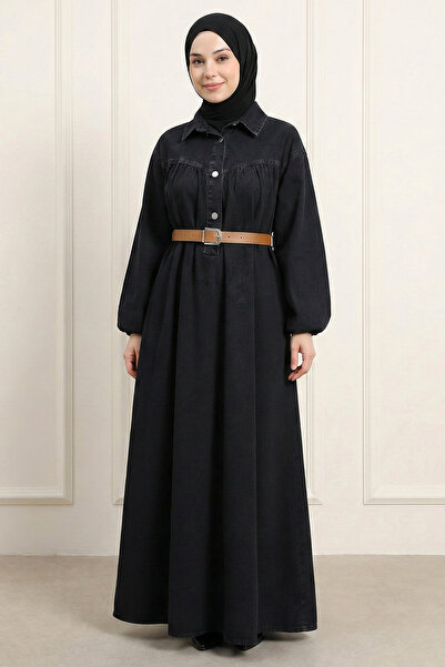 FERHEL Women's Buttoned Sleeves, Elastic Belt, Detailed Hijab Denim Dress - B...